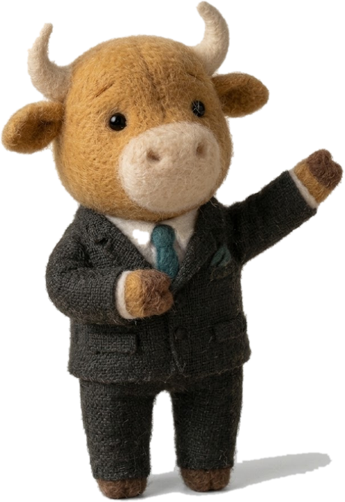 LatentGrid's bull mascot — a needle-felted bull figurine in a wool suit and teal tie